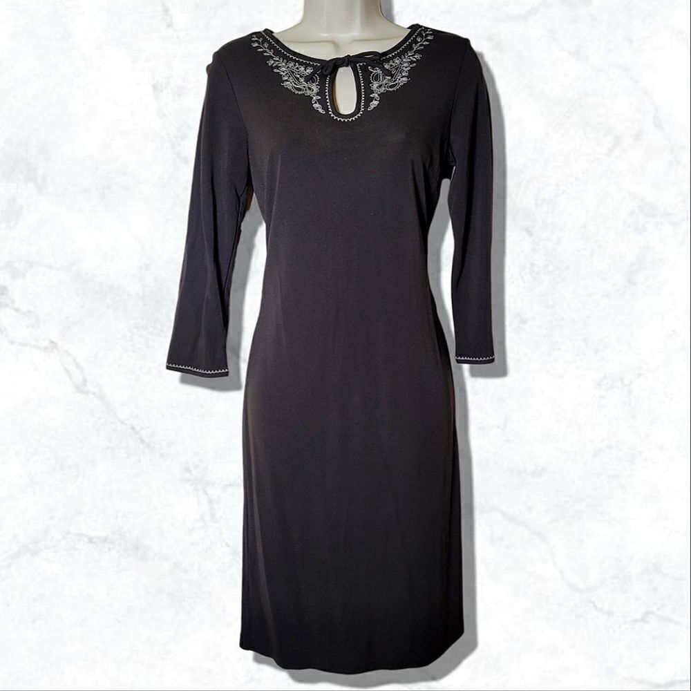 LOFT Black Embroidered Long Sleeve Keyhole Shift Dress